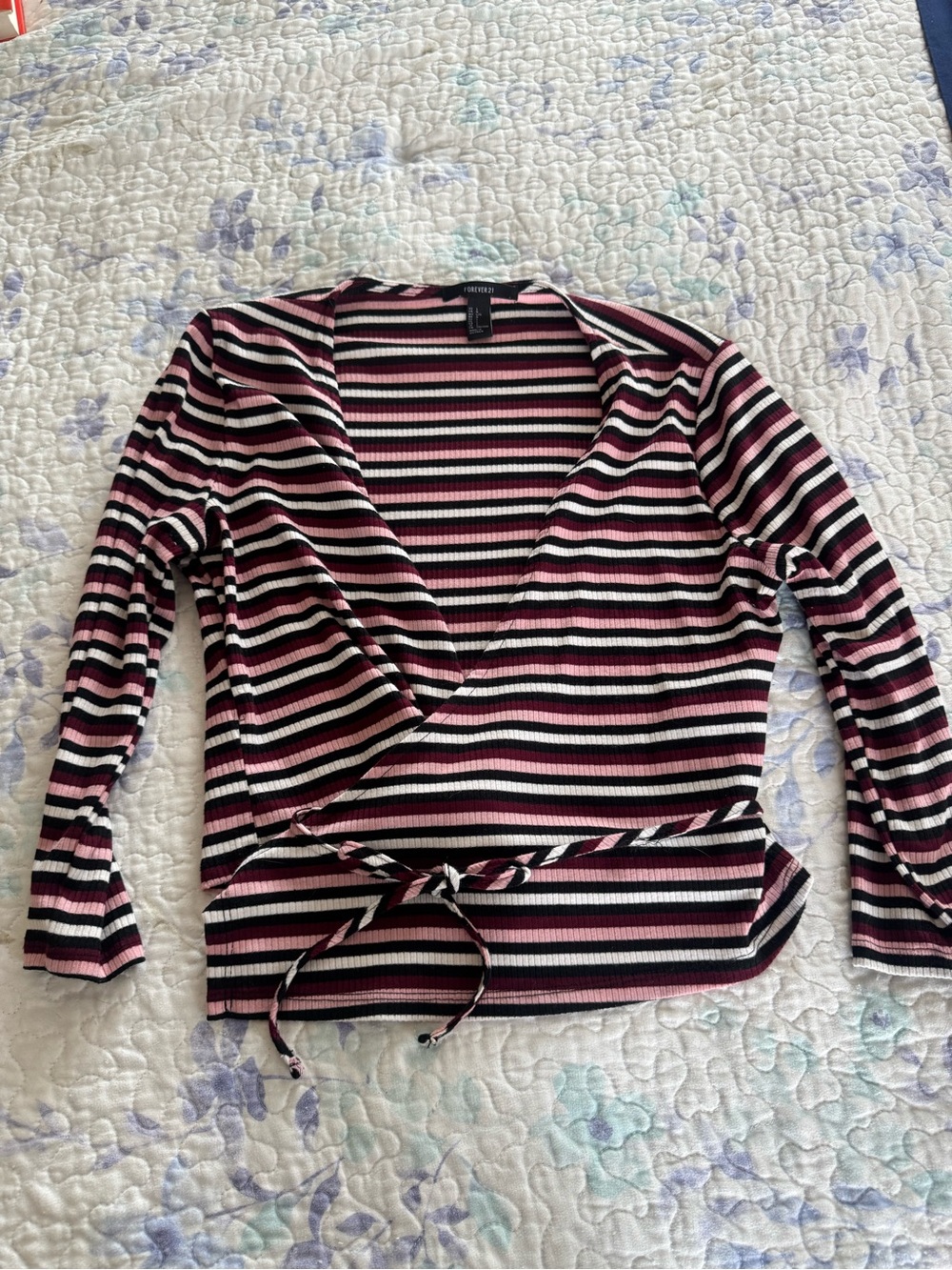 Forever 21 Black, Pink & White Striped Wrap Crop Top